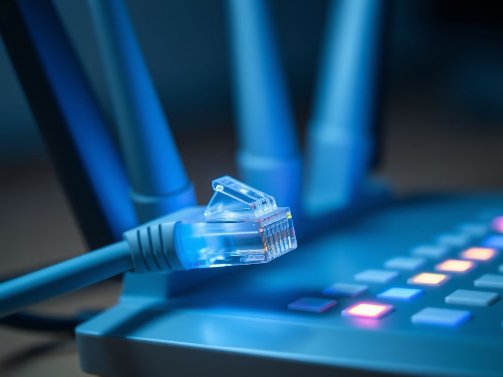 Close-up of router with ethernet cables showing stable internet connection