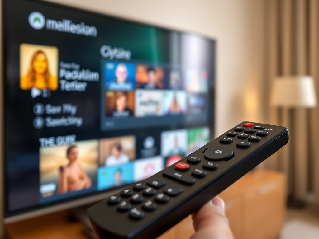 Hand holding remote control navigating through Xtream IPTV channel guide