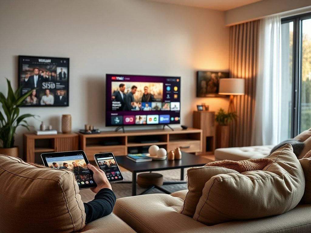 Home entertainment setup with multiple devices streaming Xtream IPTV content