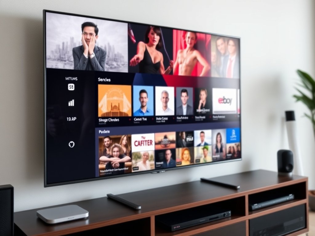 Modern smart TV displaying Xtream IPTV interface with channel grid and menu
