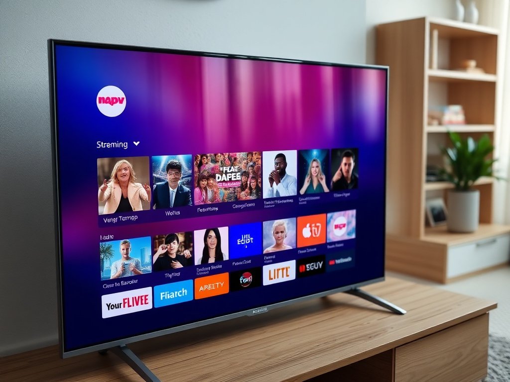 Modern smart TV displaying Xtream IPTV interface with colorful channel grid