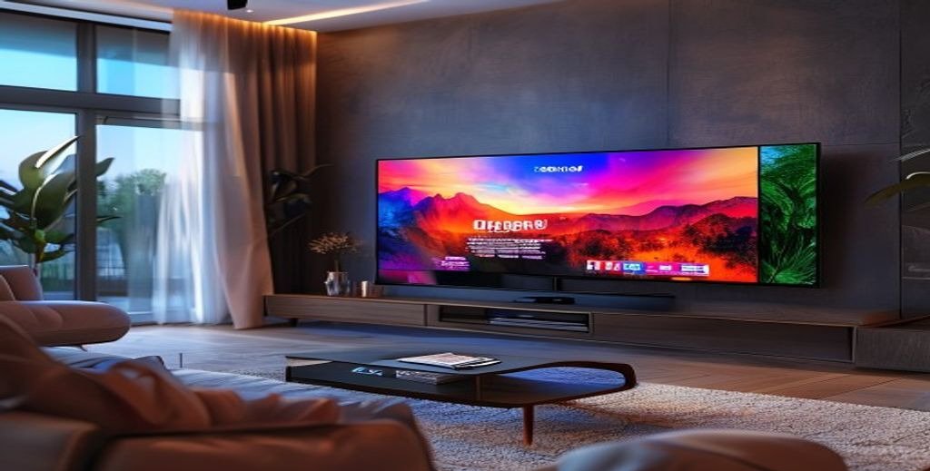 Modern living room with large smart TV displaying IPTV Premium streaming interface with multiple channel options