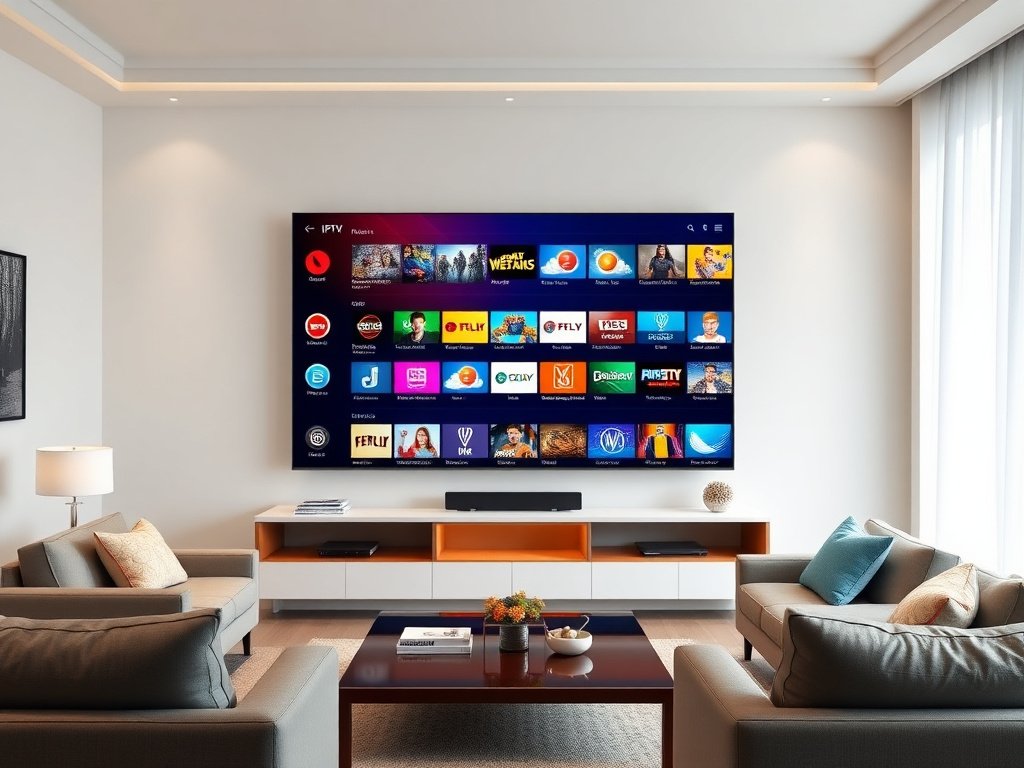 Modern living room with smart TV displaying Xtream IPTV channel selection interface