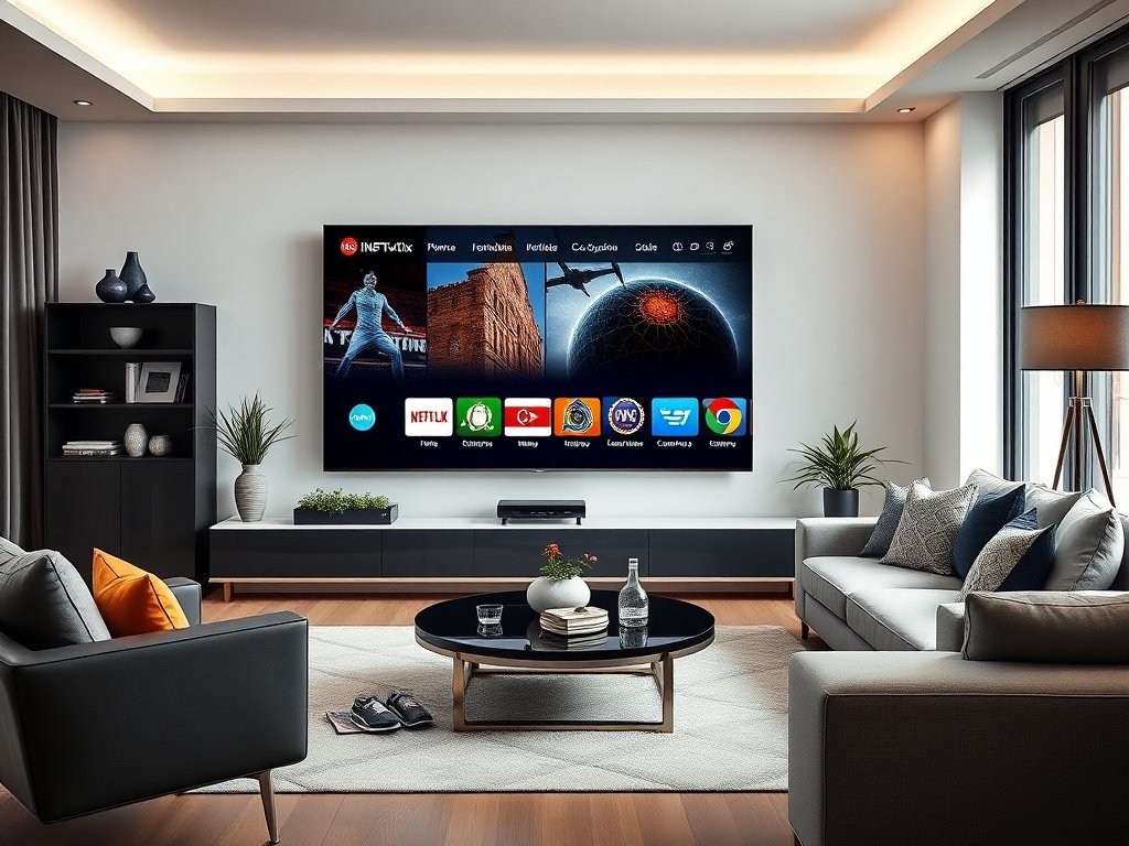 Modern living room with television showing Stable Xtream IPTV Player menu interface