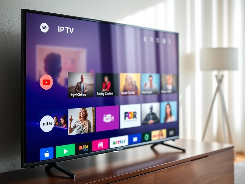 Modern smart TV displaying IPTV Premium interface with multiple channel options