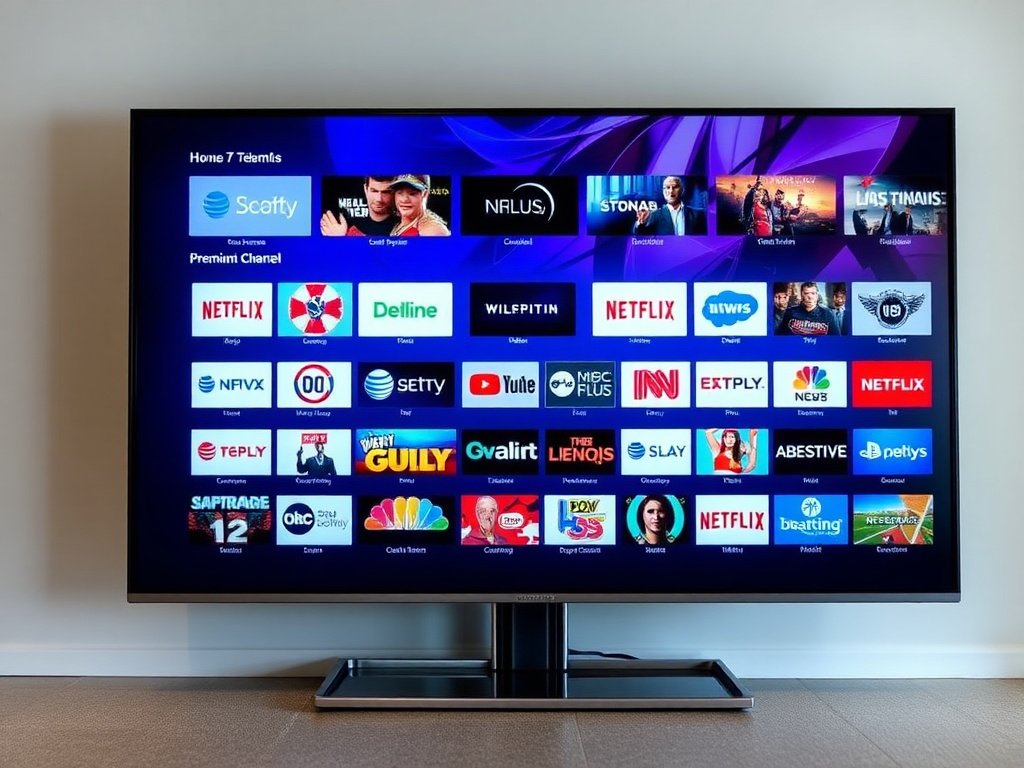 Modern smart TV displaying Premium Xtream IPTV Server interface with channel menu