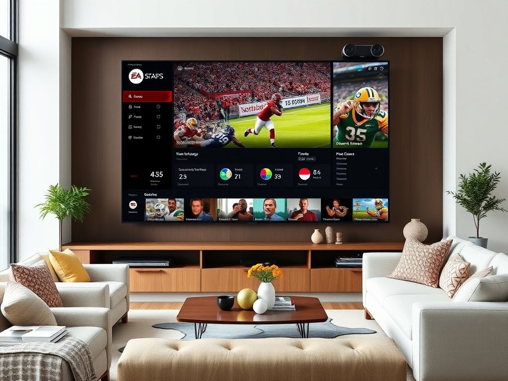 Modern smart TV displaying Xtream IPTV dashboard with multiple channels