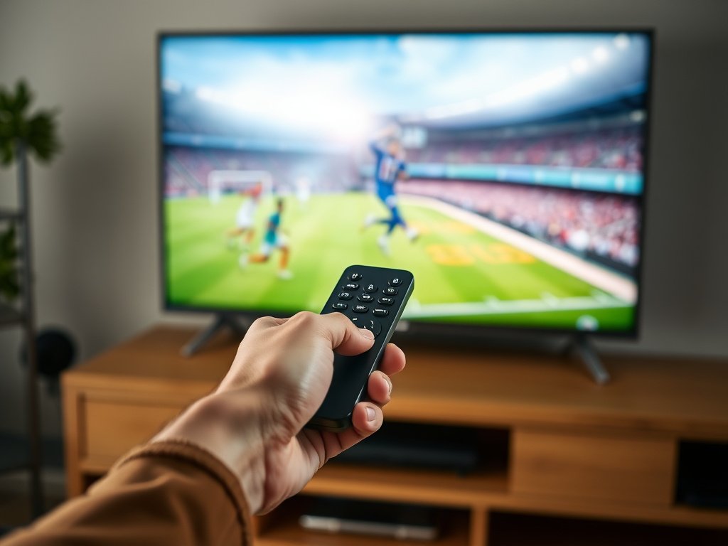 Person holding remote control streaming HD sports on television screen