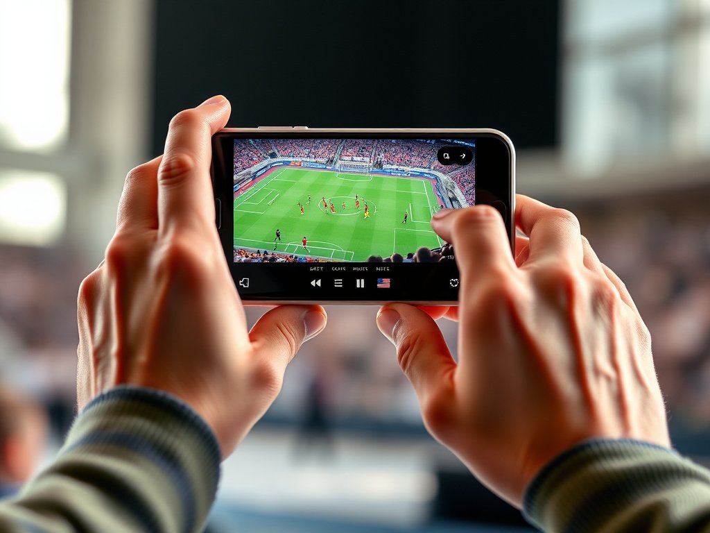 Person holding smartphone streaming live sports through IPTV application