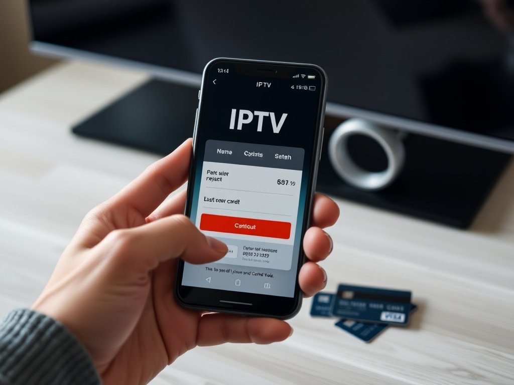 Person using smartphone to buy Xtream IPTV online with credit card