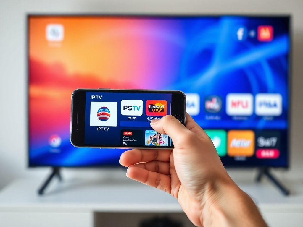 Person using smartphone to control Premium IPTV service on television screen