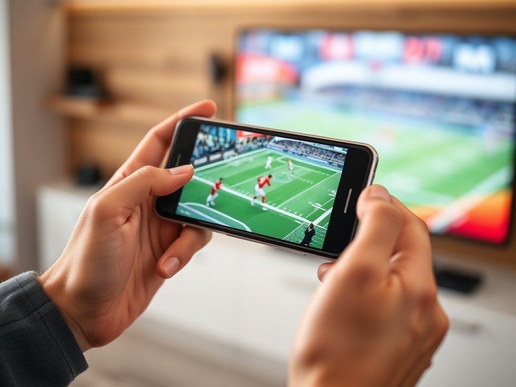 Person using smartphone to stream Xtream IPTV Subscription USA channels with remote control nearby