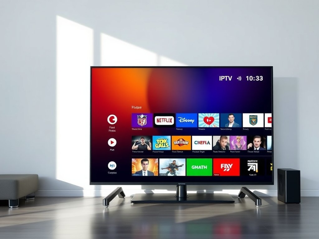 Premium IPTV streaming interface showing multiple channel options on a modern smart TV