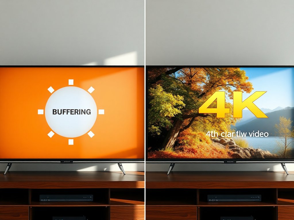 Split screen comparison showing buffering versus smooth 4K IPTV stream quality