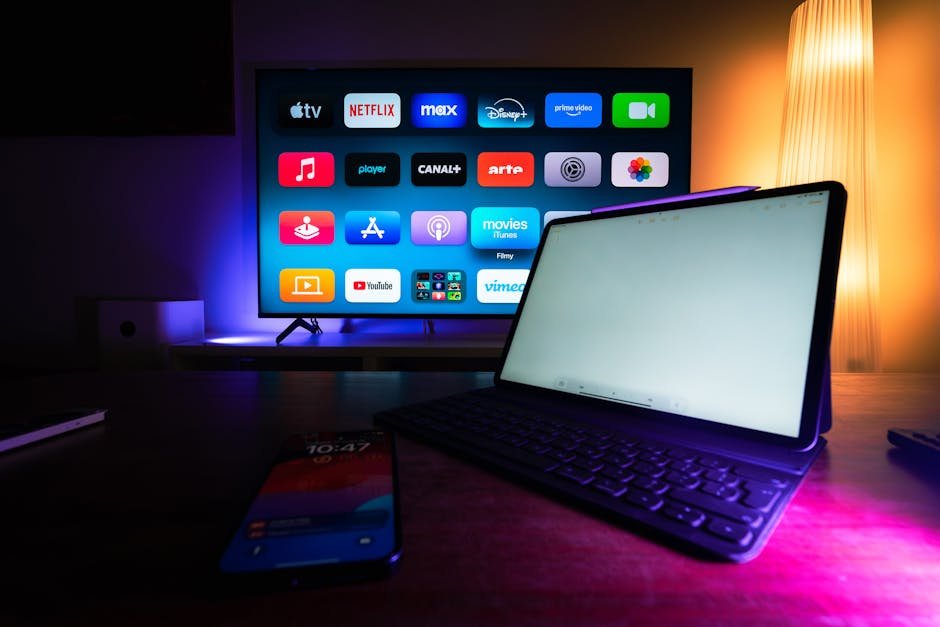 Xtream IPTV streaming interface displaying multiple channels on smart TV in modern living room 2026